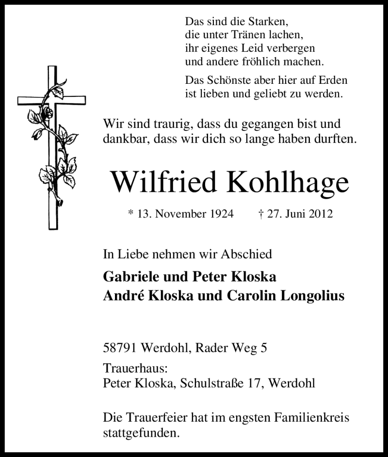  Traueranzeige für Wilfried Kohlhage vom 07.07.2012 aus Tageszeitung