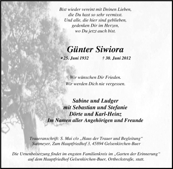 Traueranzeige von Günter Siwiora von Tageszeitung