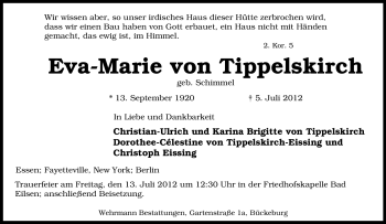 Traueranzeige von Eva-Marie von Tippelskirch von Tageszeitung