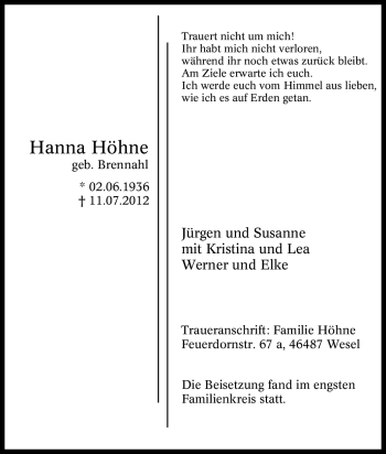 Traueranzeige von Hanna Höhne von Tageszeitung