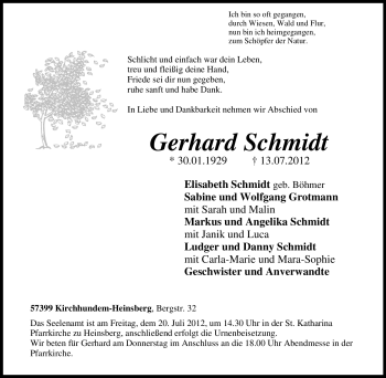 Traueranzeige von Gerhard Schmidt von Tageszeitung