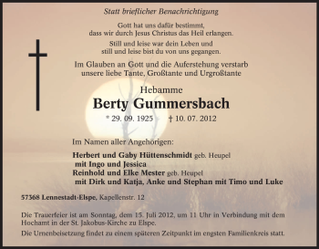 Traueranzeige von Berty Gummersbach von Tageszeitung