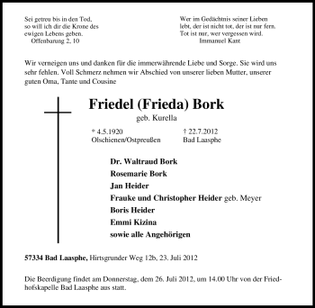 Traueranzeige von Friedel Bork von Tageszeitung