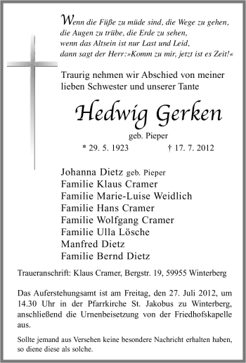 Traueranzeige von Hedwig Gerken von Tageszeitung