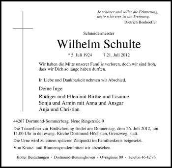 Traueranzeige von Wilhelm Schulte von Tageszeitung