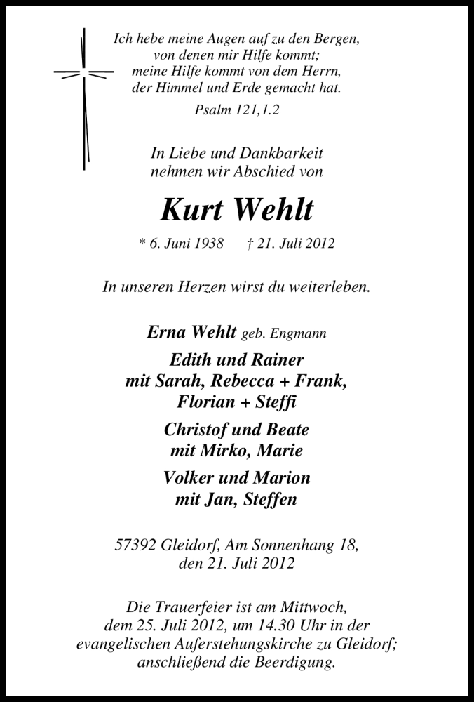  Traueranzeige für Kurt Wehlt vom 23.07.2012 aus Tageszeitung