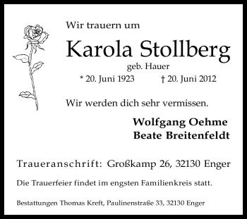Traueranzeige von Karola Stollberg von Tageszeitung