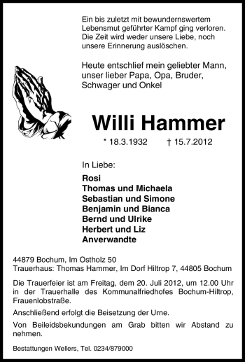 Traueranzeige von Willi Hammer von Tageszeitung