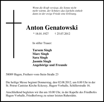 Traueranzeige von Anton Genatowski von Tageszeitung
