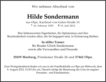 Traueranzeige von Hilde Sondermann von Tageszeitung