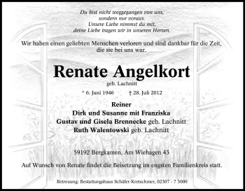 Traueranzeige von Renate Angelkort von Tageszeitung
