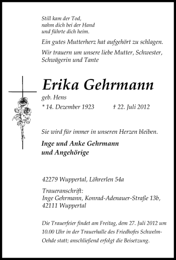 Traueranzeige von Erika Gehrmann von Tageszeitung