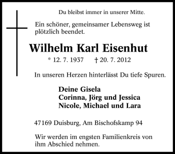 Traueranzeige von Wilhelm Karl Eisenhut von Tageszeitung