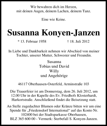 Traueranzeige von Susanna Konyen-Janzen von Tageszeitung