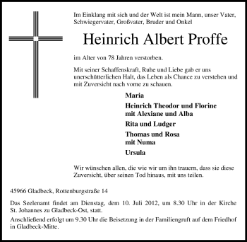 Traueranzeige von Heinrich Albert Proffe von Tageszeitung