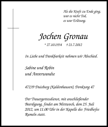 Traueranzeige von Jochen Gronau von Tageszeitung