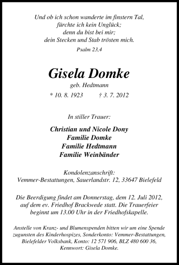 Traueranzeige von Gisela Domke von Tageszeitung