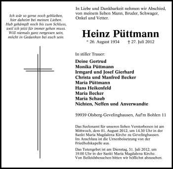 Traueranzeige von Heinz Püttmann von Tageszeitung