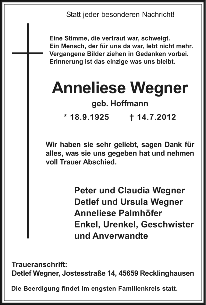 Traueranzeigen von Anneliese Wegner | Trauer-in-NRW.de