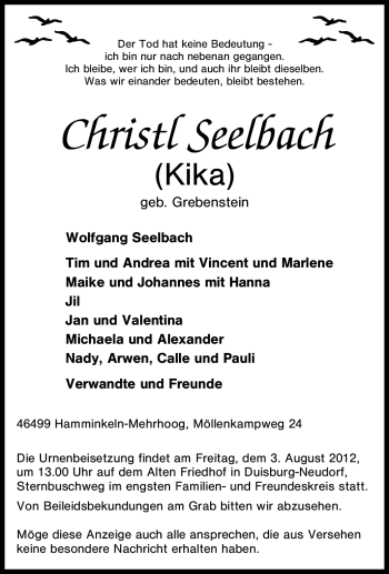 Traueranzeige von Christl Seelbach von Tageszeitung