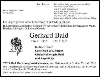 Traueranzeige von Gerhard Bald von Tageszeitung