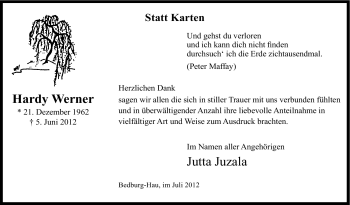 Traueranzeige von Hardy Werner von Tageszeitung