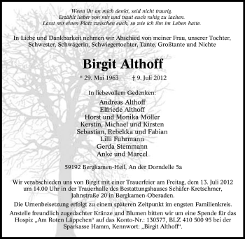 Traueranzeige von Birgit Althoff von Tageszeitung