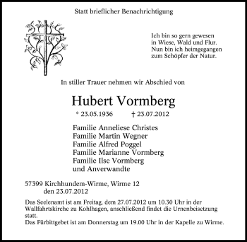 Traueranzeige von Hubert Vormberg von Tageszeitung