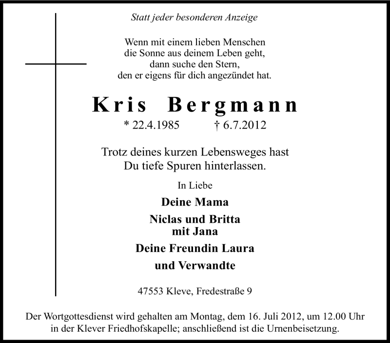  Traueranzeige für Kris Bergmann vom 12.07.2012 aus Tageszeitung