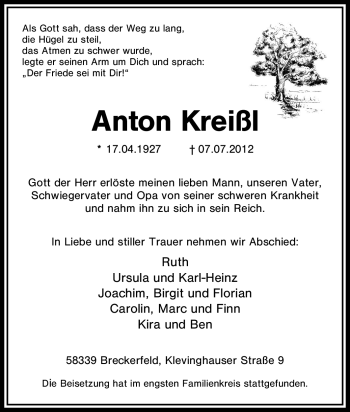 Traueranzeige von Anton Kreißl von Tageszeitung