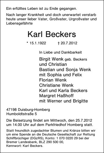 Traueranzeige von Karl Beckers von Tageszeitung