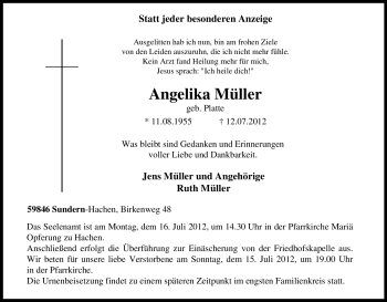 Traueranzeige von Angelika Müller von Tageszeitung