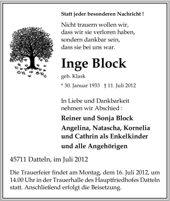 Traueranzeige von Inge Block von Tageszeitung