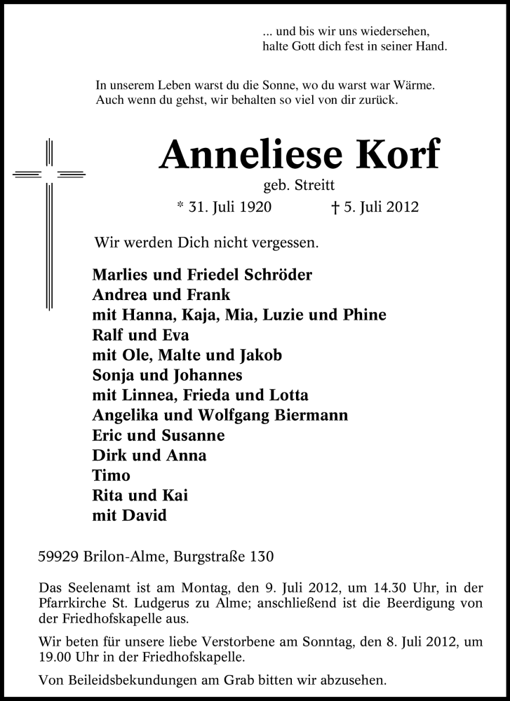  Traueranzeige für Anneliese Korf vom 06.07.2012 aus Tageszeitung