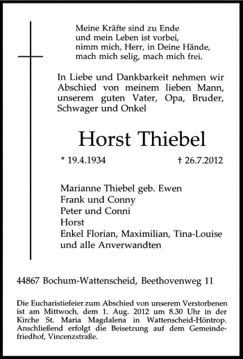 Traueranzeige von Horst Thiebel von Tageszeitung