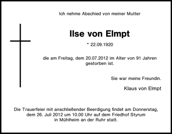 Traueranzeige von Ilse von Elmpt von Tageszeitung