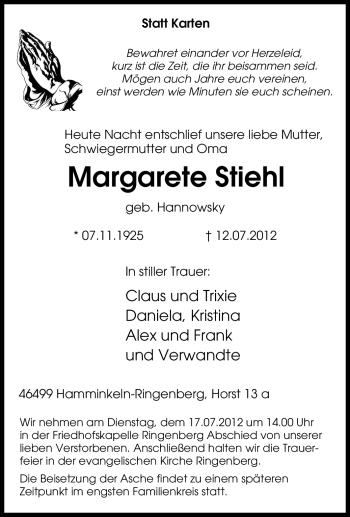 Traueranzeige von Margarete Stiehl von Tageszeitung
