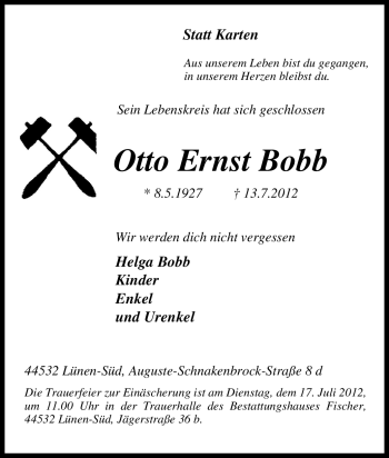 Traueranzeige von Otto Ernst Bobb von Tageszeitung