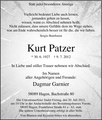 Traueranzeige von Kurt Patzer von Tageszeitung