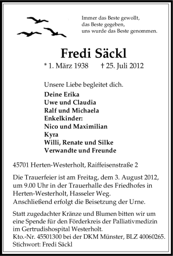 Traueranzeige von Fredi Säckl von Tageszeitung