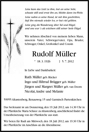 Traueranzeige von Rudolf Müller von Tageszeitung