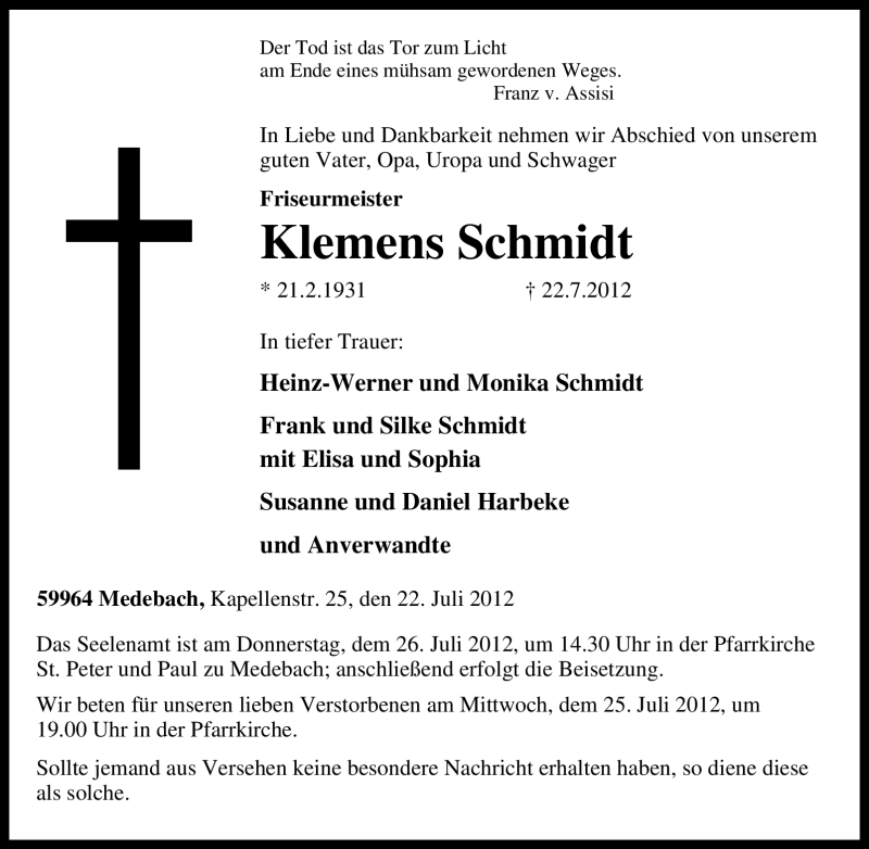  Traueranzeige für Klemens Schmidt vom 24.07.2012 aus Tageszeitung