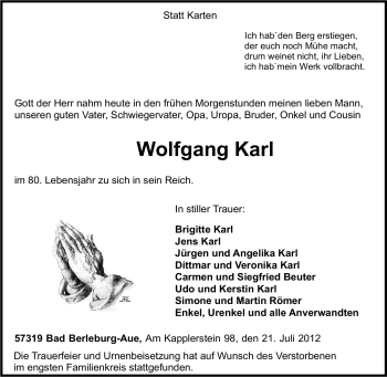 Traueranzeige von Wolfgang Karl von Tageszeitung