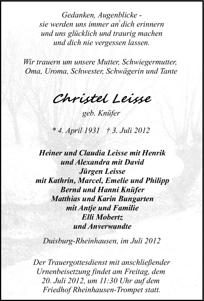  Traueranzeige für Christel Leisse vom 14.07.2012 aus Tageszeitung