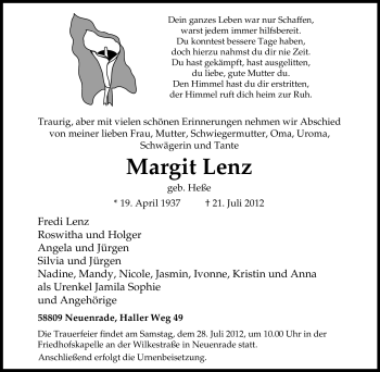 Traueranzeige von Margit Lenz von Tageszeitung