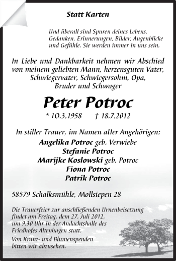Traueranzeige von Peter Potroc von Tageszeitung