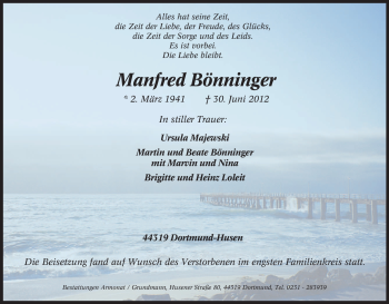 Traueranzeige von Manfred Bönninger von Tageszeitung
