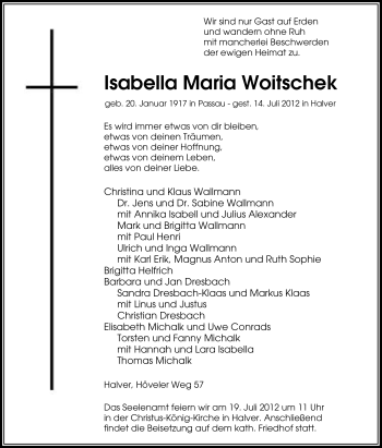 Traueranzeige von Isabella Maria Woitschek von Tageszeitung