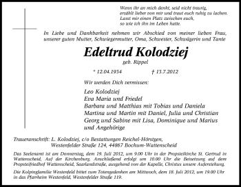 Traueranzeige von Edeltrud Kolodziej von Tageszeitung