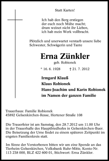 Traueranzeige von Erna Zünkler von Tageszeitung